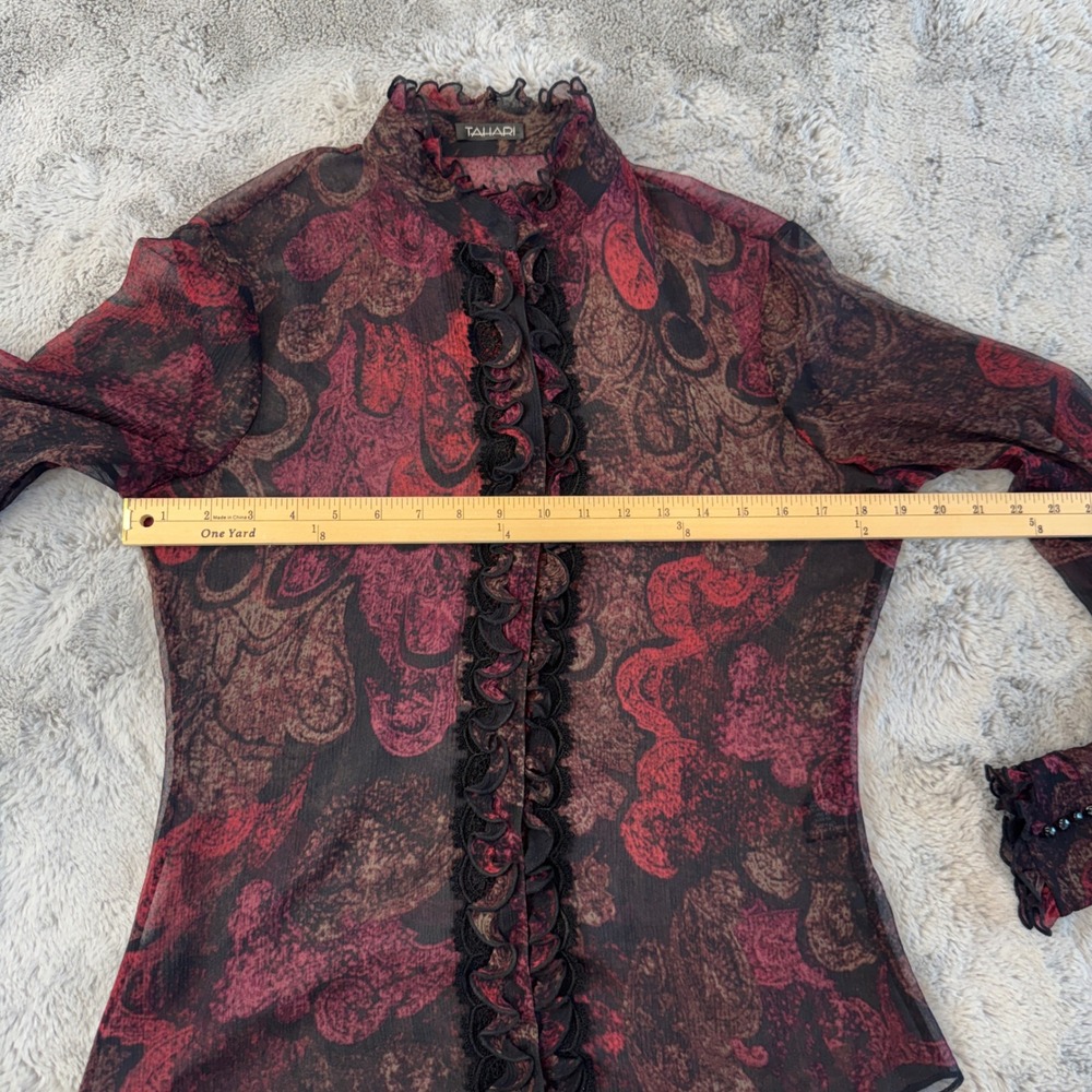 Tahari Women's Sz M Silk Sheer Ruffle Blouse Burgundy Black Victorian Gothic - Picture 9 of 16